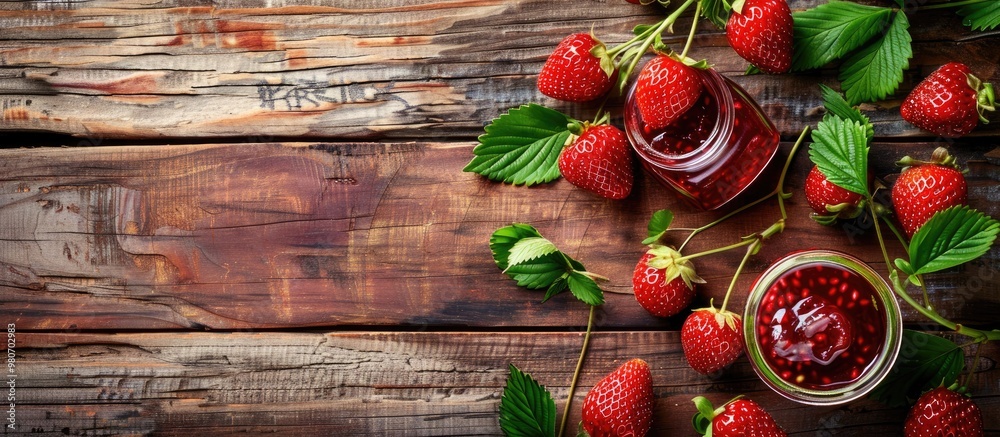 An old brown table adorned with strawberry jam fresh berries and leaves provides a rustic setting for a copy space image An old brown table adorned with strawberry jam fresh berries and leaves provides a rustic setting for a copy space image