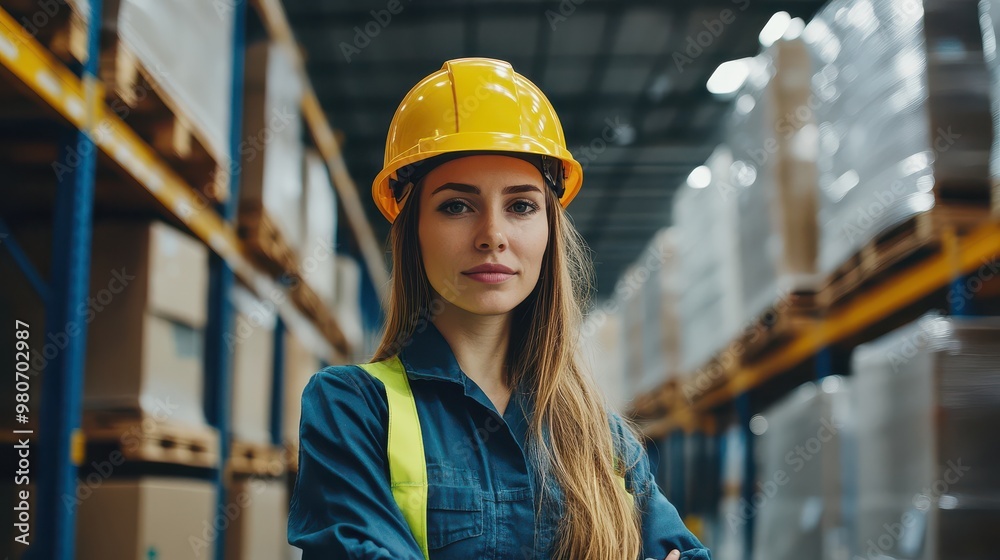 Confident Female Worker in Yellow Helmet Displaying Strong Leadership in Industrial Environment Confident Female Worker in Yellow Helmet Displaying Strong Leadership in Industrial Environment
