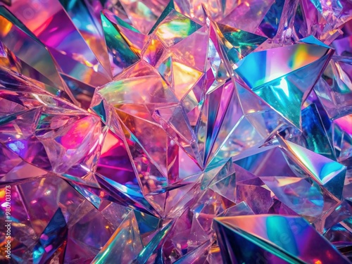 Holographic background with glass shards. Rainbow reflexes in pink and purple color. Abstract trendy pattern. Texture with magical effect.