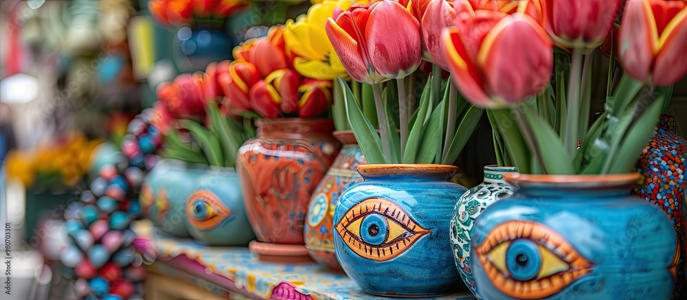 Ceramic tulip ornaments and evil eye beads displayed at a Mediterranean market with copy space image Ceramic tulip ornaments and evil eye beads displayed at a Mediterranean market with copy space image