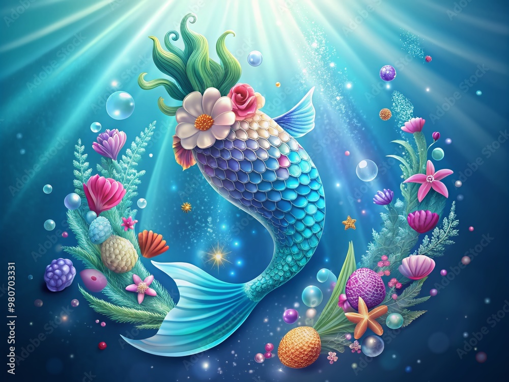 Adorable illustrated mermaid tail with sparkly scales, seashells, and ocean flowers, set against a bright blue underwater background with subtle bubbles and seaweed.