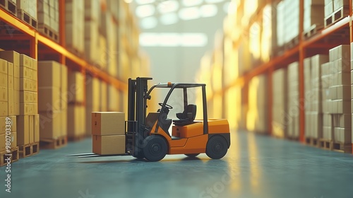 A forklift inside a large warehouse, transporting boxes among tall shelves, symbolizing logistics, storage, and supply chain operations.