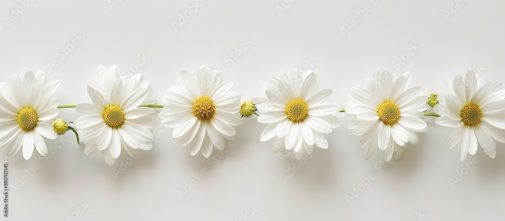 Fototapeta premium Fresh and beautiful white flowers with yellow centers elegantly aligned in a row on a white backdrop creating a serene copy space image