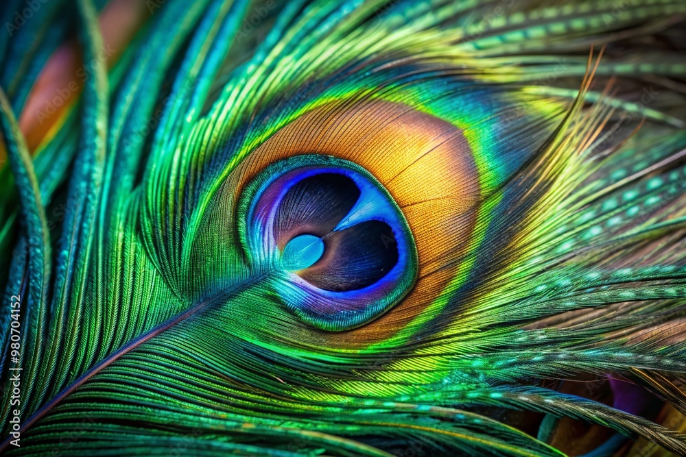 Fototapeta premium Vibrant iridescent eye of a peacock feather shines in close-up, showcasing intricate patterns, shimmering blues and emerald greens, and delicate wispy tendrils.
