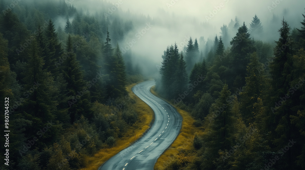 A winding road meanders through misty forest, surrounded by tall evergreen trees. atmosphere is serene and mysterious, evoking sense of adventure and tranquility. A winding road meanders through misty forest, surrounded by tall evergreen trees. atmosphere is serene and mysterious, evoking sense of adventure and tranquility.
