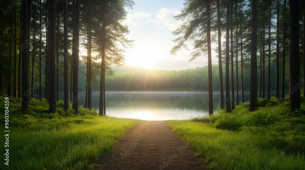 Obraz premium A serene forest landscape at sunrise, featuring tall trees lining tranquil lake. soft light reflects on water, creating peaceful atmosphere.