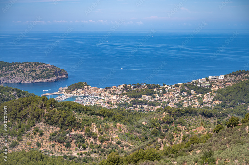 View of Port d Soller, Majorca, during great weather, view from the distance with mountain range in front, Majorca, spain View of Port d Soller, Majorca, during great weather, view from the distance with mountain range in front, Majorca, spain