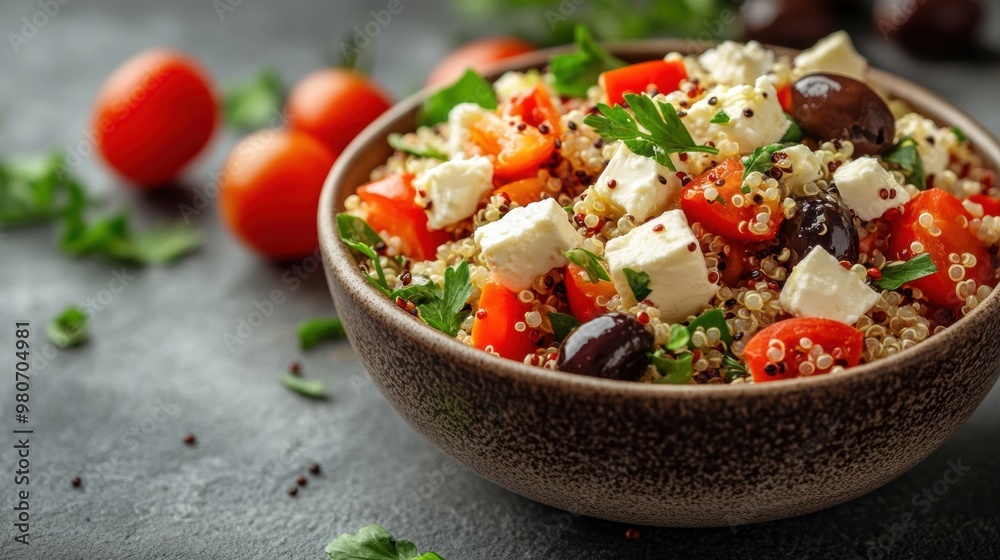 banner featuring tasty quinoa salad with feta cheese and olives, embodying mediterranean cuisine aesthetic banner featuring tasty quinoa salad with feta cheese and olives, embodying mediterranean cuisine aesthetic