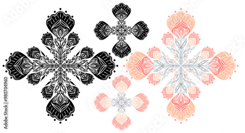 Vector set of ornamental floral delicate colorful and monochrome cliparts isolated from white background. Decorative ornate floral signs and mandalas for invitations, cards and stickers