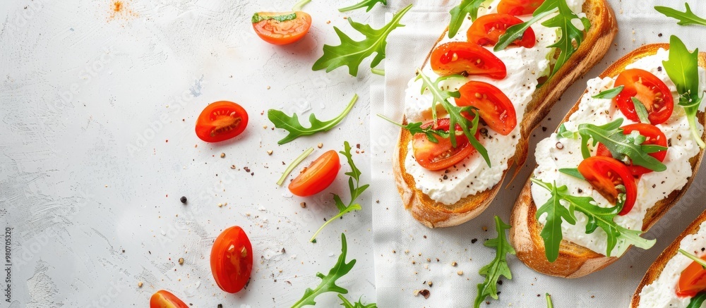Top view of scrumptious bruschettas topped with ricotta tomatoes and arugula on a bright table offering ample room for text in the image Top view of scrumptious bruschettas topped with ricotta tomatoes and arugula on a bright table offering ample room for text in the image