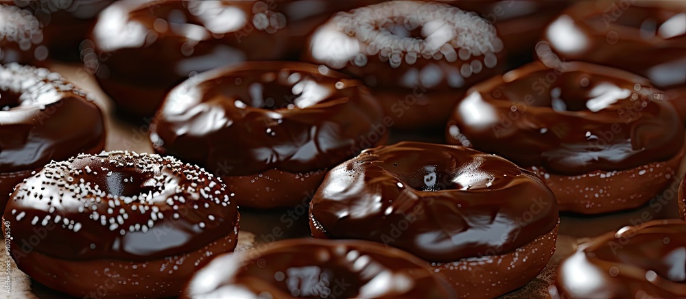 Chocolate donuts displayed in a shop with copy space image Chocolate donuts displayed in a shop with copy space image