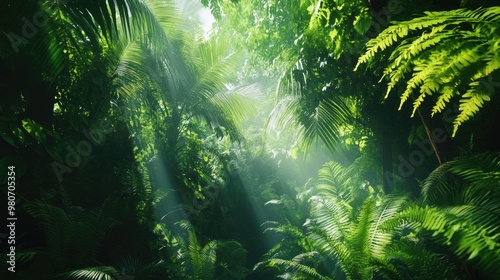 Dense, green rainforest foliage and towering trees create a vibrant nature wallpaper in stunning 8K resolution.