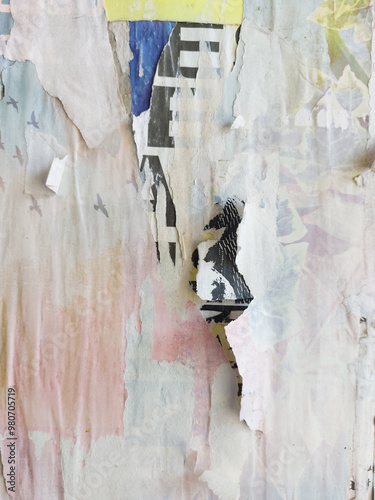 Vertical torn and ripped street poster background, messy and retro weathered paper collage