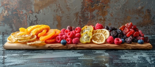Fototapeta Naklejka Na Ścianę i Meble -  Assorted dried fruits displayed on a wooden board with a blank copy space image