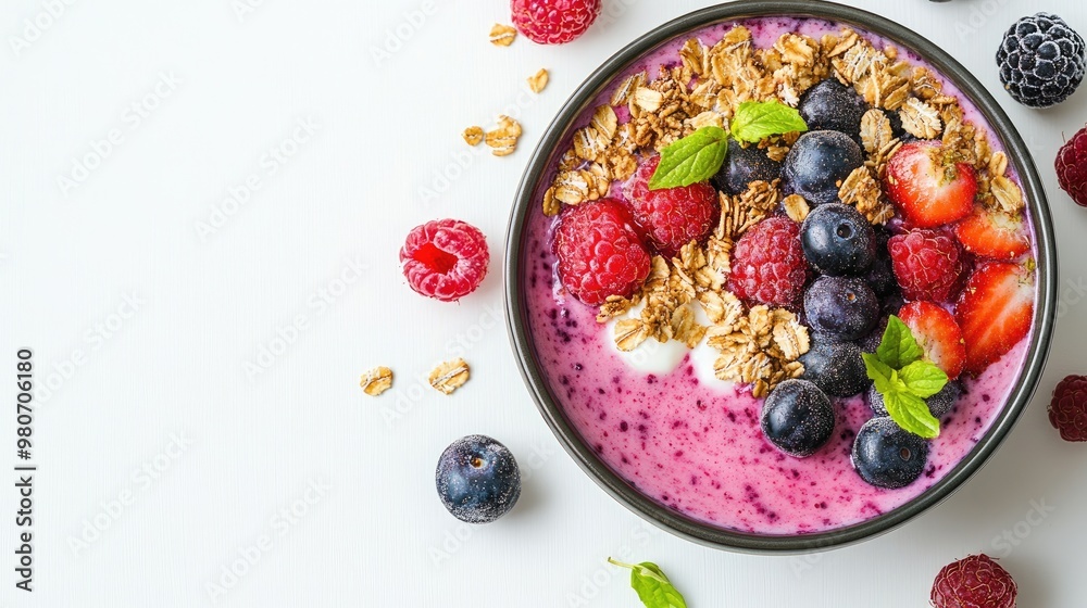 Fresh berry yogurt bowl with granola, placed on a clean white background, offering space for text and highlighting healthy eating. Fresh berry yogurt bowl with granola, placed on a clean white background, offering space for text and highlighting healthy eating.