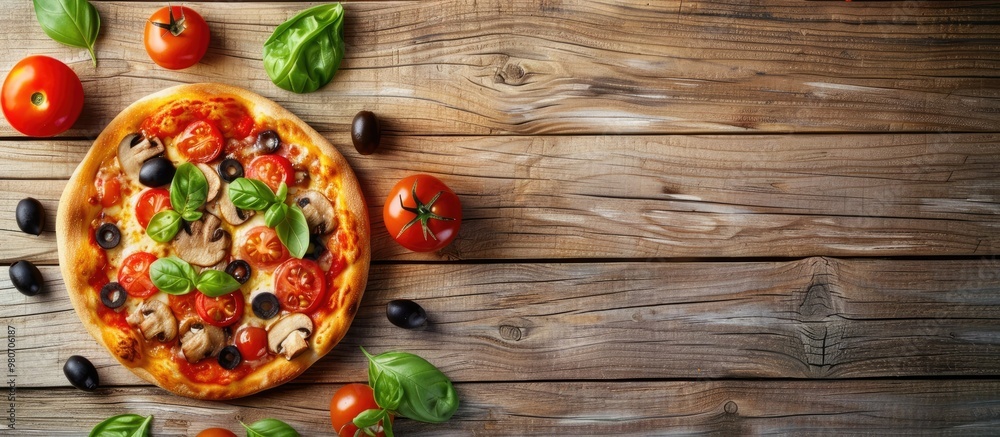 Flat lay of a delectable pizza topped with tomatoes mushrooms black olives and basil on a wooden surface providing copy space image Flat lay of a delectable pizza topped with tomatoes mushrooms black olives and basil on a wooden surface providing copy space image