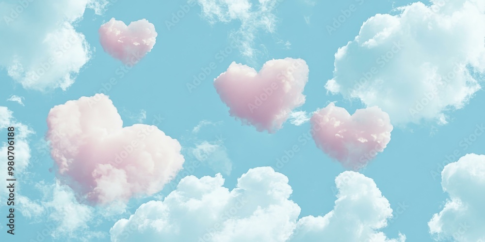 Pink heart shaped clouds in a blue sky. Pink heart shaped clouds in a blue sky.