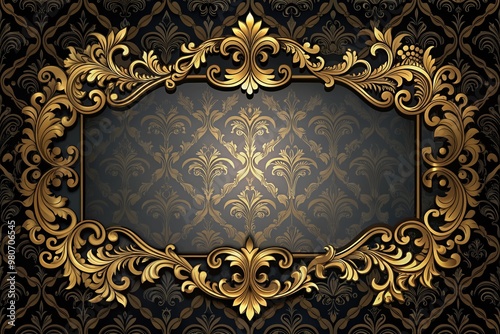 Luxurious black and gold ornate frame adorned with intricate patterns and subtle glints, set against a dark background, exuding opulence and sophistication. photo