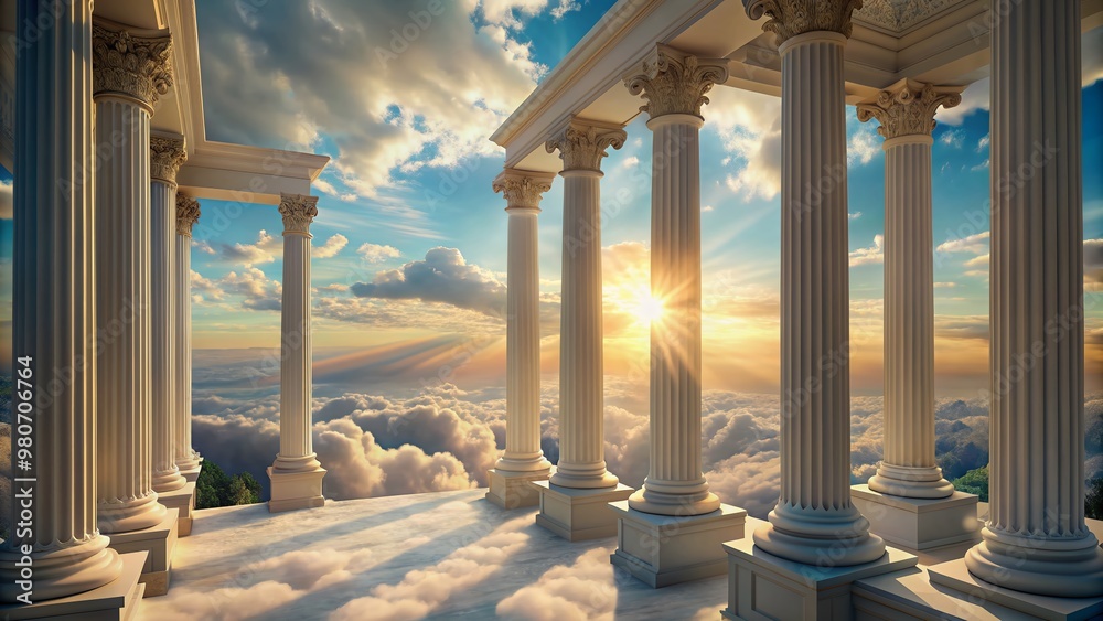 Fototapeta premium Ethereal 3D rendered landscape features majestic classical columns ascending into a soft, whimsical pastel sky with puffy white clouds and a serene atmosphere.