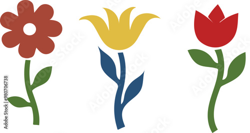Hand draw Modern folk boho single isolated flowers pattern in Scandinavian style. Floral Slovak plant cutout collage decor elements. Swedish folklore drawing, Nordic wildflower concept. Generative AI