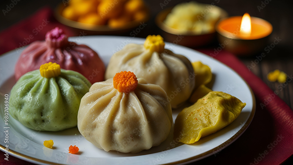 Ganesh Chaturthi celebration with colorful modaks on a plate traditional Indian sweets. Ganesh Chaturthi celebration with colorful modaks on a plate traditional Indian sweets.