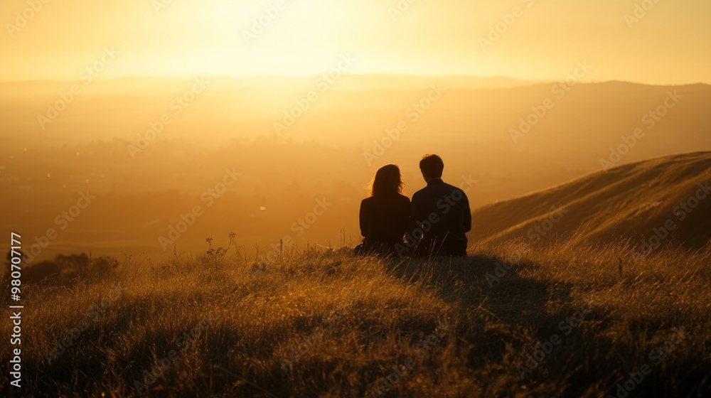A couple sits together on a hill, enjoying a sunset view over a tranquil landscape. A couple sits together on a hill, enjoying a sunset view over a tranquil landscape.