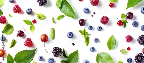 A variety of fresh berries and leaves are arranged in flight on a white backdrop with copy space image