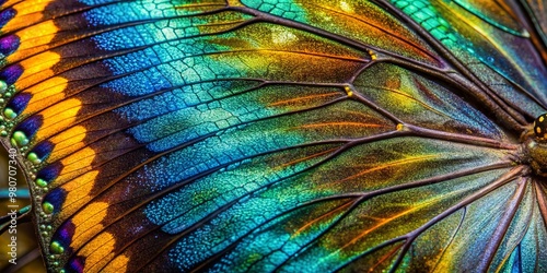 Close-up of butterfly wing scales, microscopic view, iridescent colors, detailed patterns photo