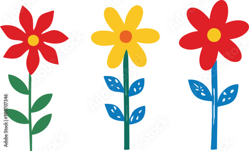Hand draw Modern folk boho single isolated flowers pattern in Scandinavian style. Floral Slovak plant cutout collage decor elements. Swedish folklore drawing, Nordic wildflower concept. Generative AI