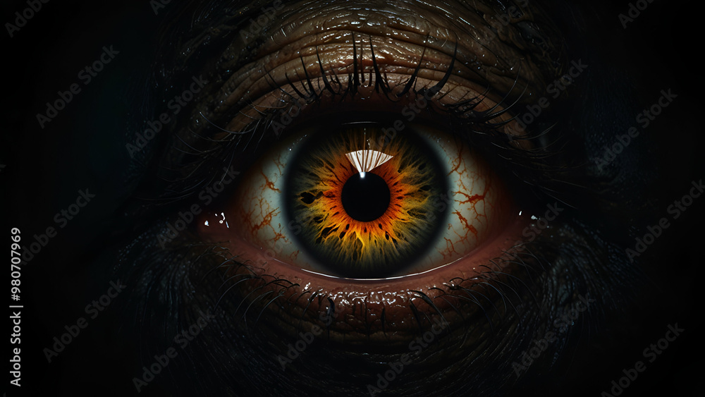 Haunting demonic eye on a dark background, ideal for Halloween posters. Haunting demonic eye on a dark background, ideal for Halloween posters.