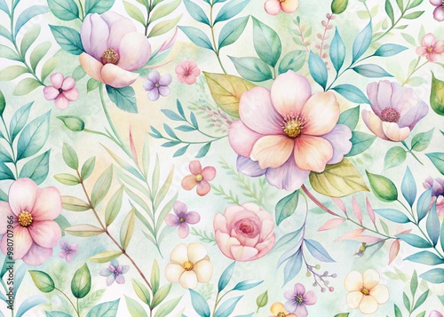Delicate watercolor flowers and leaves in soft pastel hues form a seamless pattern, evoking a fresh and serene springtime ambiance perfect for background designs.