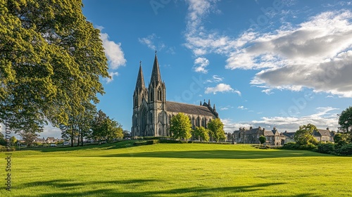 Majestic view of Downpatrick's Cathedral Church, Northern Ireland, with its grand Gothic architecture and serene surroundings. photo