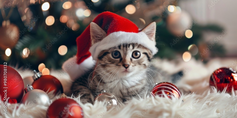 Obraz premium Witness a lovely scene of a cute kitten in a Santa hat, joyfully celebrating Christmas amidst cozy festive decorations, radiating charm, cheer, and holiday joy in the warm seasonal setting