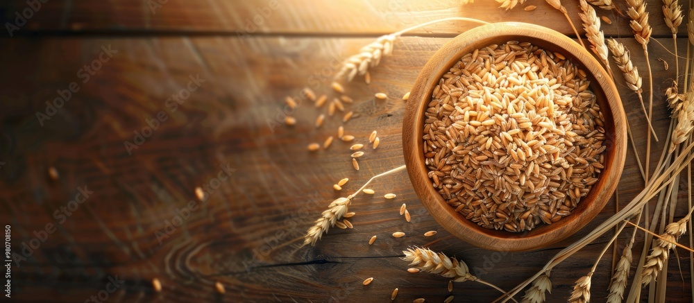 Wooden bowl with wheat grains and ears on a wooden background suitable for copy space image Wooden bowl with wheat grains and ears on a wooden background suitable for copy space image