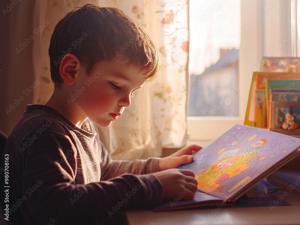 A young boy sitting at a table thoughtfully reading a book near a bright window A young boy sitting at a table thoughtfully reading a book near a bright window