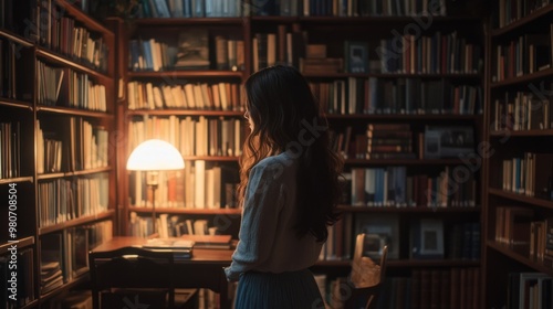 A woman stands in a cozy library, illuminated by a warm lamp among shelves of books.