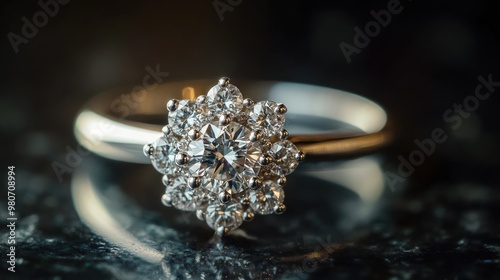 A close-up of a sparkling diamond ring on a dark surface, showcasing its intricate design. photo