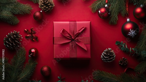 Red gift box with a ribbon, set amidst pine branches, cones, and ornaments on a red background, perfect for holiday themes.