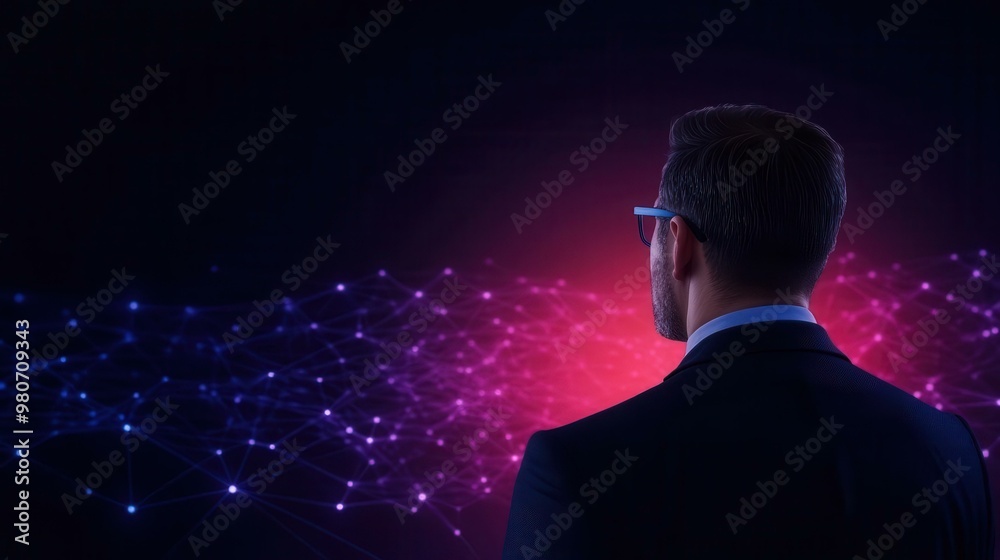 A businessman gazes into a digital future, surrounded by vibrant networks and connections in a dark atmosphere. A businessman gazes into a digital future, surrounded by vibrant networks and connections in a dark atmosphere.