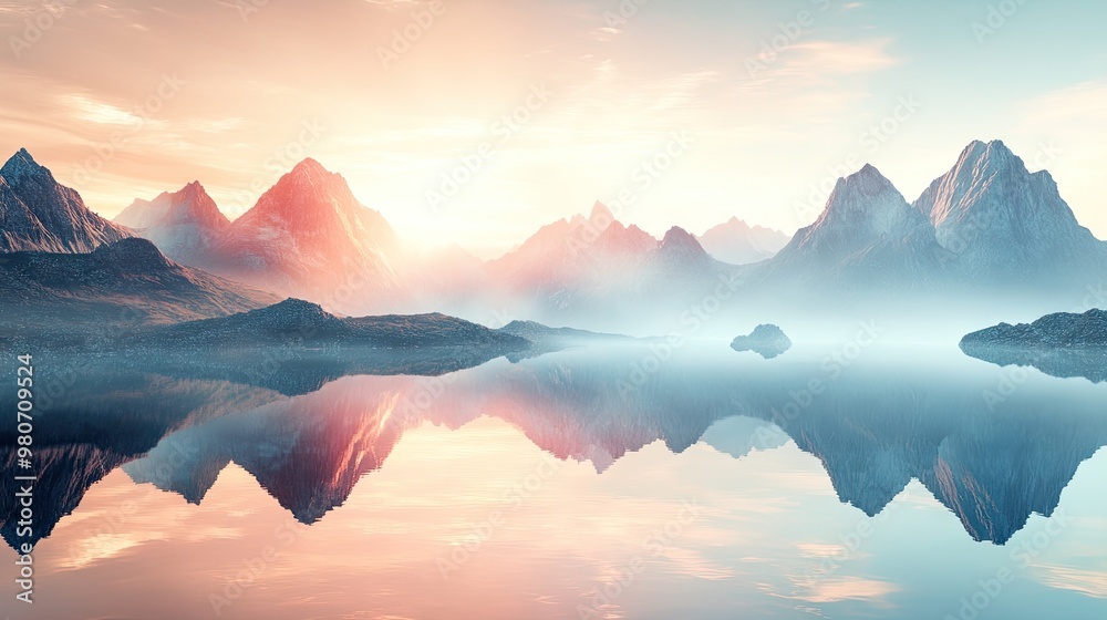Reflective fantasy landscape with mountains and tranquil waters, creating a serene and spiritual 3D panoramic background. Reflective fantasy landscape with mountains and tranquil waters, creating a serene and spiritual 3D panoramic background.