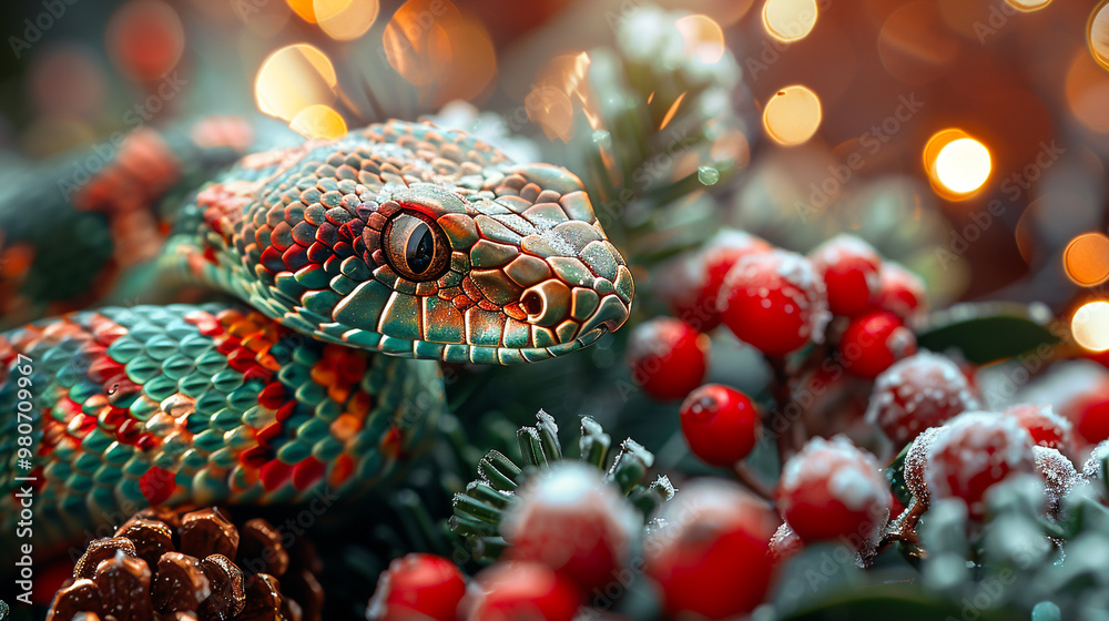 A snake lies on the branches of a Christmas tree in colorful garlands, New Year 2025 A snake lies on the branches of a Christmas tree in colorful garlands, New Year 2025