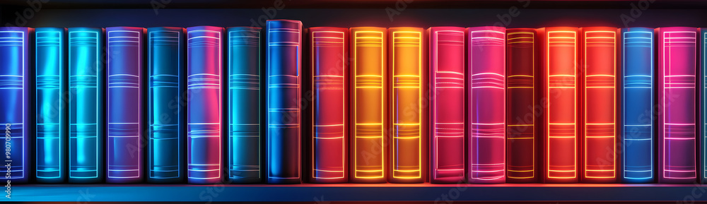 A futuristic library with glowing neon digital books displays on bookshelf. A futuristic library with glowing neon digital books displays on bookshelf.