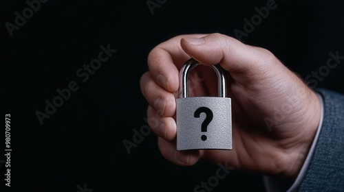 A hand holding a metal padlock with a question mark, symbolizing uncertainty and security in a dark background. photo