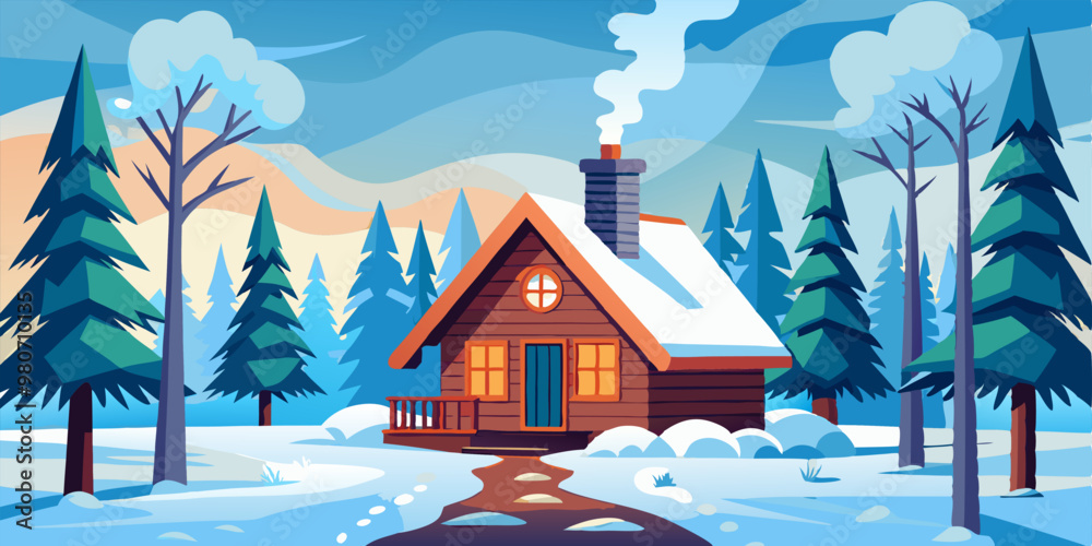 Naklejka premium A charming winter cabin nestled in a snowy forest, with tall pine trees and a path leading to the cozy wooden door. Perfect for creating a warm and inviting atmosphere in your designs.