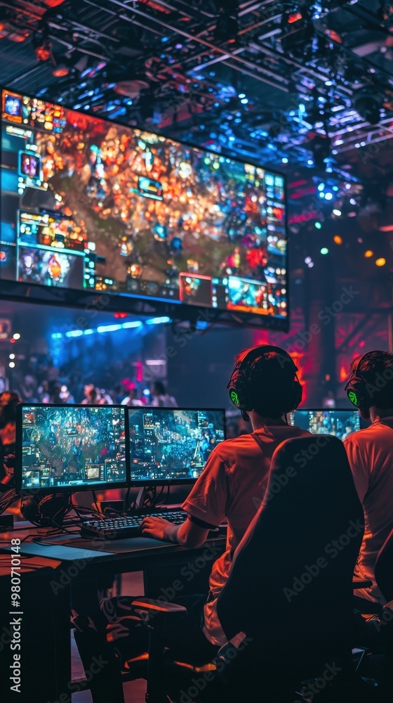Obraz premium Cutting Edge Esports Tournament with Vibrant Neon Lights and High Tech Gaming Setup
