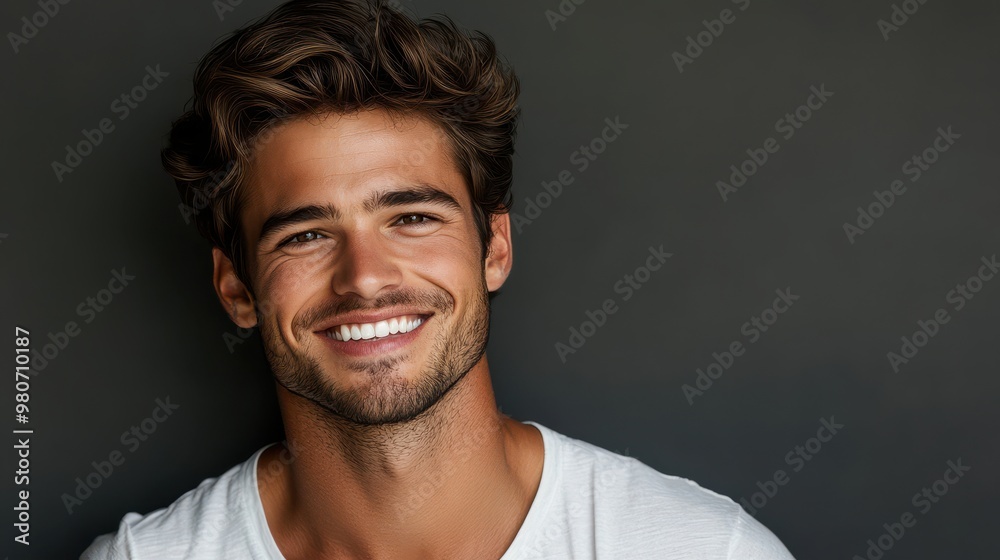 Handsome Young Man Giving a Warm Smile Against a Bright Urban Background for Various Uses Handsome Young Man Giving a Warm Smile Against a Bright Urban Background for Various Uses