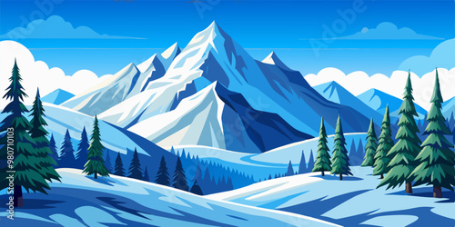 A stunning winter landscape with snow-capped mountains, a clear blue sky, and a hint of fluffy clouds.  The image evokes a sense of tranquility and peace.