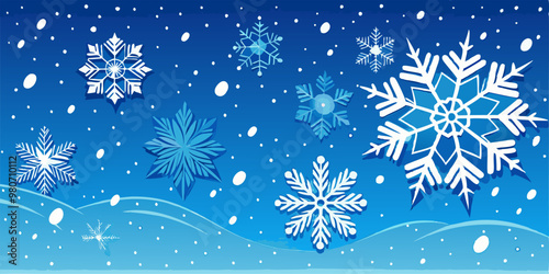 A beautiful and festive winter background featuring intricate snowflakes falling on a deep blue sky. Perfect for creating holiday cards, invitations.