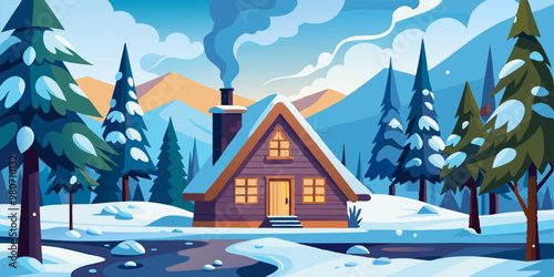 A charming, cozy cabin nestled in a snowy mountain landscape. The cabin is adorned with a chimney that emits a plume of smoke, suggesting warmth and comfort within.  The scene is idyllic.