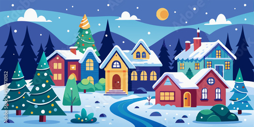 Wallpaper Mural A charming winter scene of a snowy village with decorated Christmas trees, cozy houses, and a winding river. Torontodigital.ca